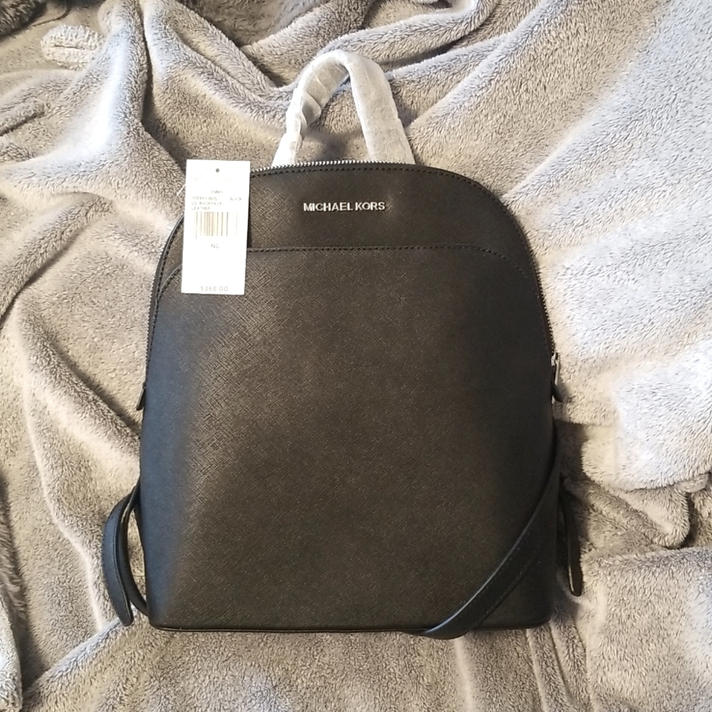 NWT Michael Kors Emmy black leather and silver accent LG backpack